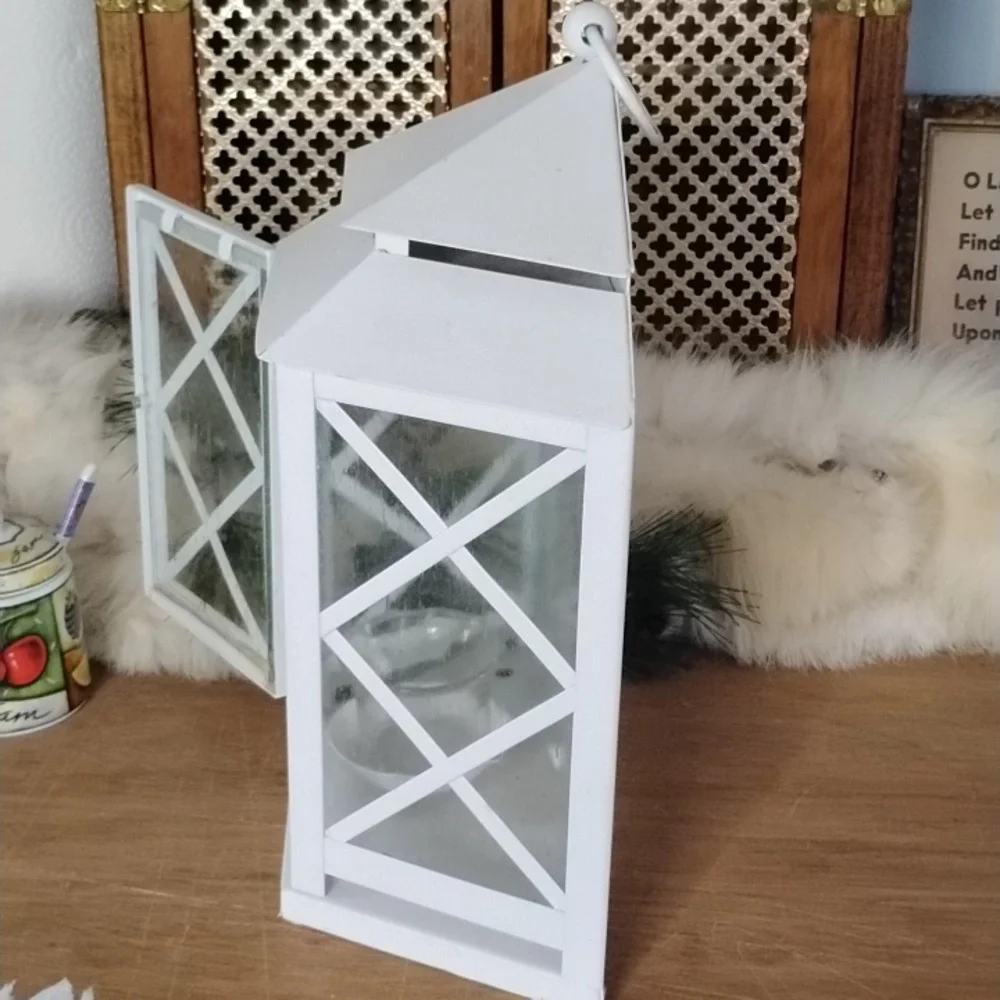 . White Metal Lantern - Tea Light Candle Holder Lantern with Wall Mount